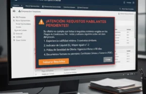 Interfaz de la plataforma SECOP II con mensaje de requisitos de contratación estatal en Colombia.